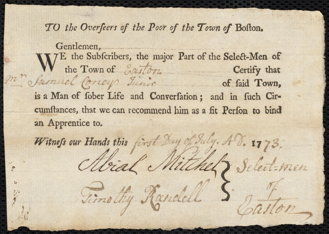 Elizabeth White indentured to apprentice with Samuel Coney, Jr. of Easton, 7 July 1773