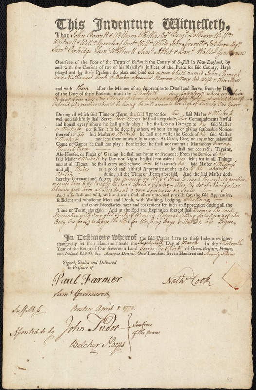 John Remick indentured to apprentice with Nathaniel [Nathanael] Cook of Boston, 26 March 1773