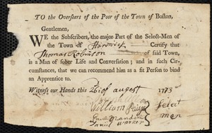 Sarah Pattin indentured to apprentice with Thomas Robinson of Hardwick, 1 September 1773