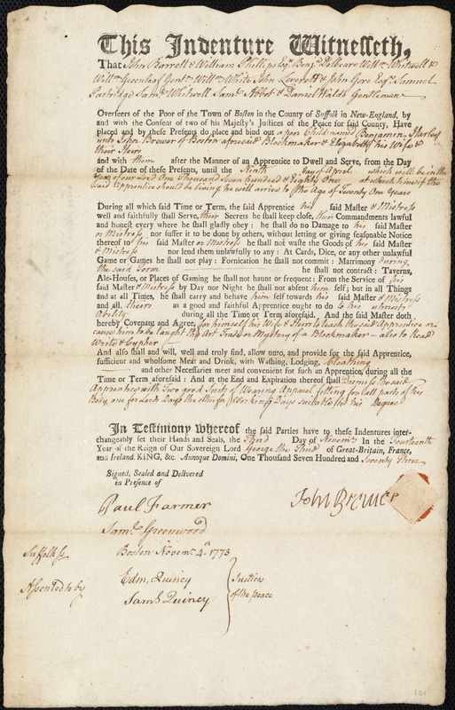 Benjamin Harley indentured to apprentice with John Brewer of Boston, 3 November 1773