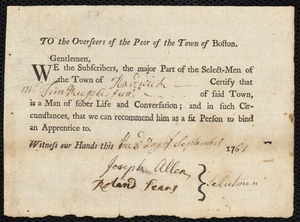 John Plant indentured to apprentice with Timothy Ruggles, Jr. of Hardwick, 4 June 1773