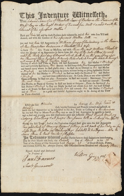 Edward Jones indentured to apprentice with William Gregg of Londonderry, 2 April 1773