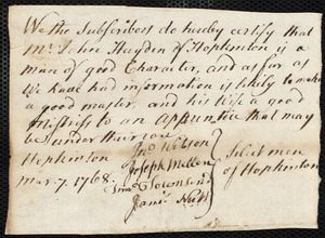 Michael Shepard [Shephard] indentured to apprentice with John Hayden of Hopkinton, 8 July 1773