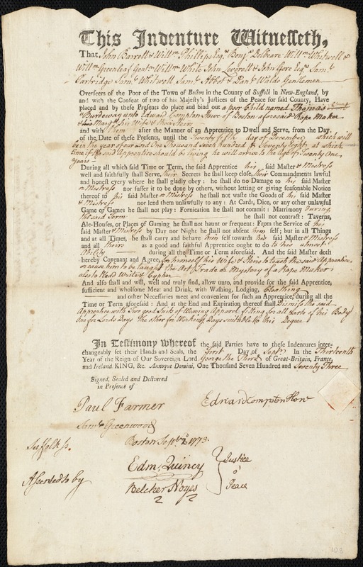 Thomas Burdeway indentured to apprentice with Edward Compton Howe of Boston, 1 September 1773