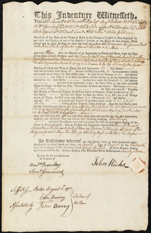 Benjamin Hunt indentured to apprentice with John Hicks of Boston, 4 August 1773