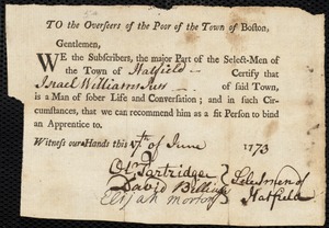 Elizabeth McColloch indentured to apprentice with Israel Williams, Jr. of Hatfield, 22 June 1773
