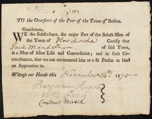 William Warren indentured to apprentice with Paul Mandell of Hardwick, 4 June 1773