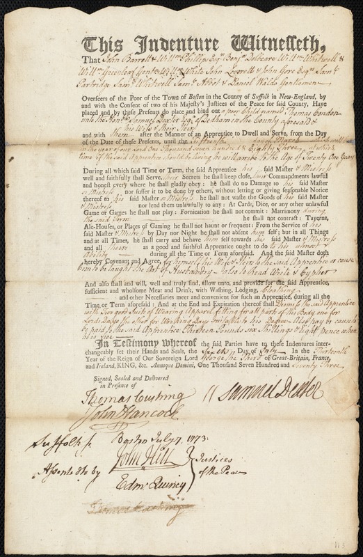 Thomas Condon indentured to apprentice with Samuel Dexter of Dedham, 6 July 1773