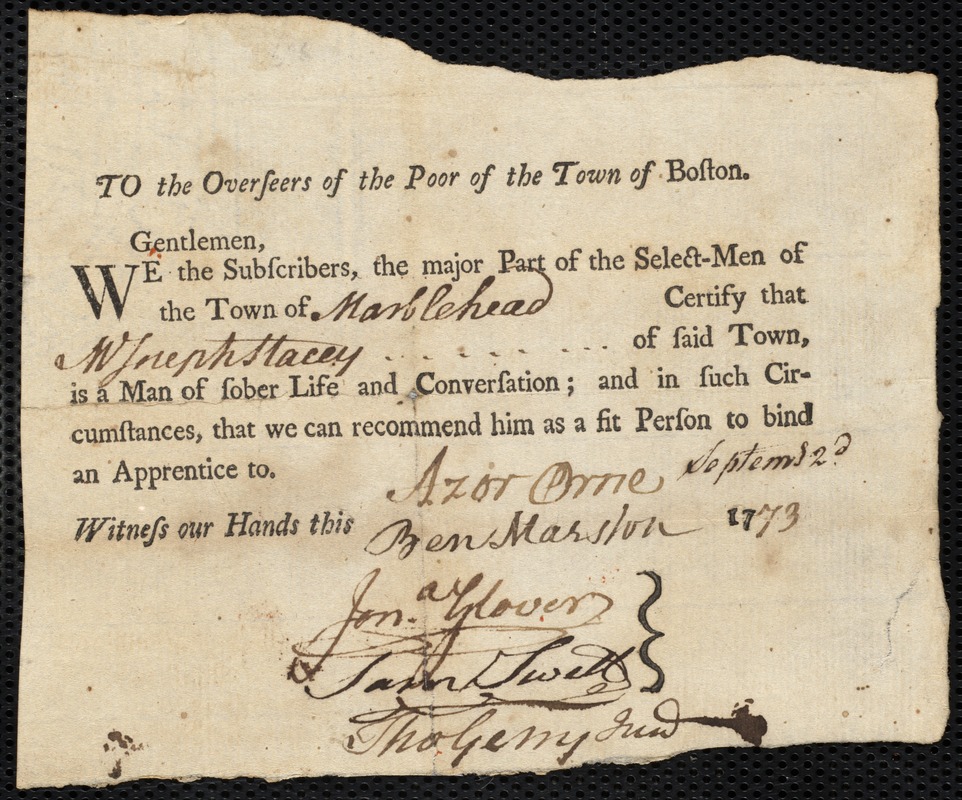 John Wallis Laha indentured to apprentice with Joseph Stacy [Stacey] of Marblehead, 3 September 1773