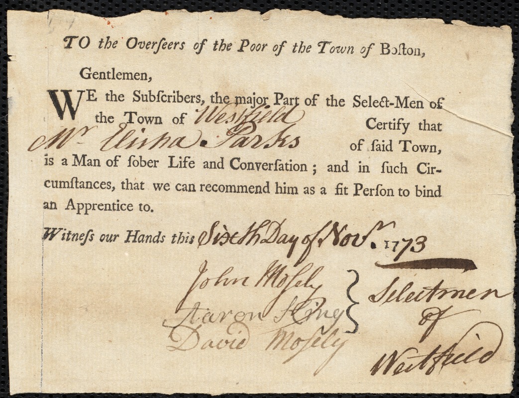 Ann Dumaresque indentured to apprentice with Elisha Parks of Westfield, 12 October 1773