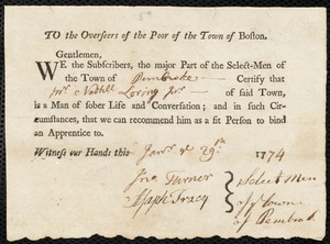 William Cogsell Barratt indentured to apprentice with Nathaniel Loring, Jr. of Pembroke, 4 February 1774