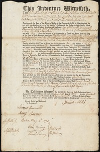 Margarett Herne indentured to apprentice with Josiah Allis of Hatfield, 20 April 1774