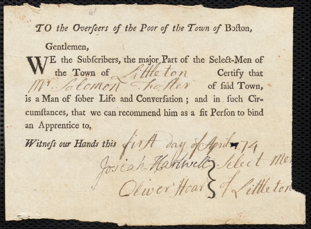John Grimes indentured to apprentice with Solomon Foster of Littleton, 6 April 1774