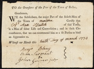 William Smith indentured to apprentice with Asa Hatch of Malden, 10 March 1774