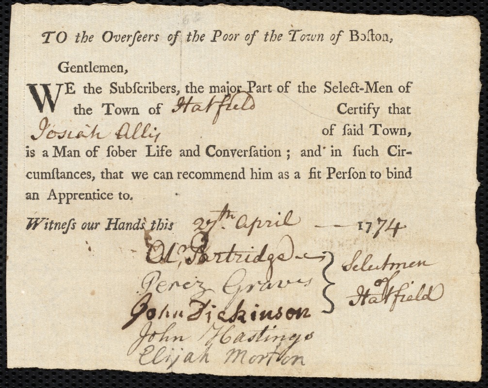 Joseph Barratt indentured to apprentice with Josiah Allis of Hatfield, 20 April 1774