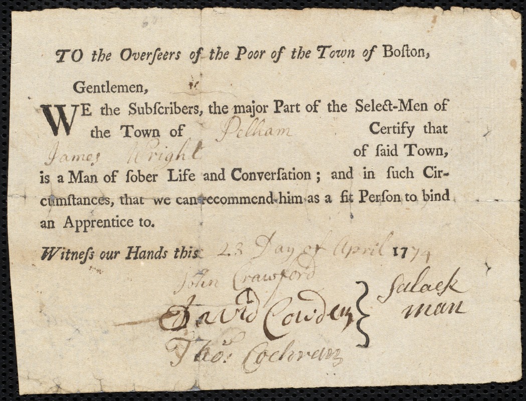 James Bell indentured to apprentice with James Wright of Pelham, 27 April 1774