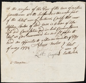 David Davis indentured to apprentice with Stephen Saxton of Southwick, 17 May 1774