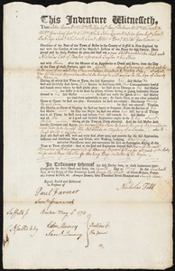 Document of indenture: Servant: Aish, John. Master: Tabb [Tab], Nicholas.Town of Master: Boston
