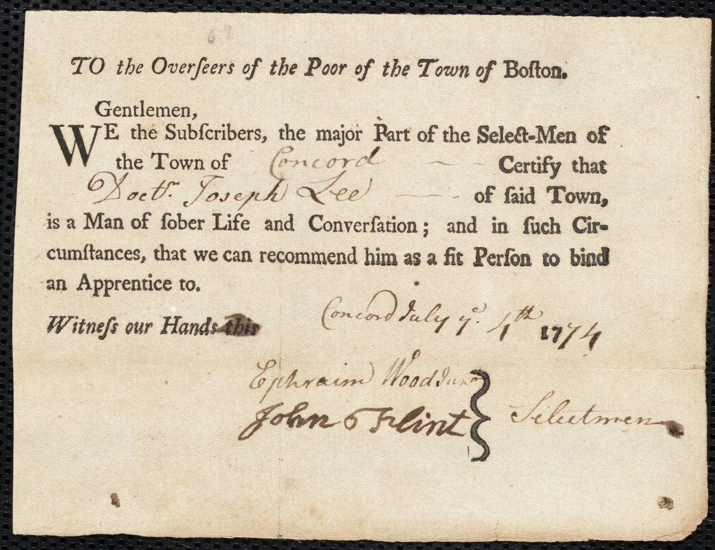 James Taylor indentured to apprentice with Joseph Lee of Concord, 2 November 1774