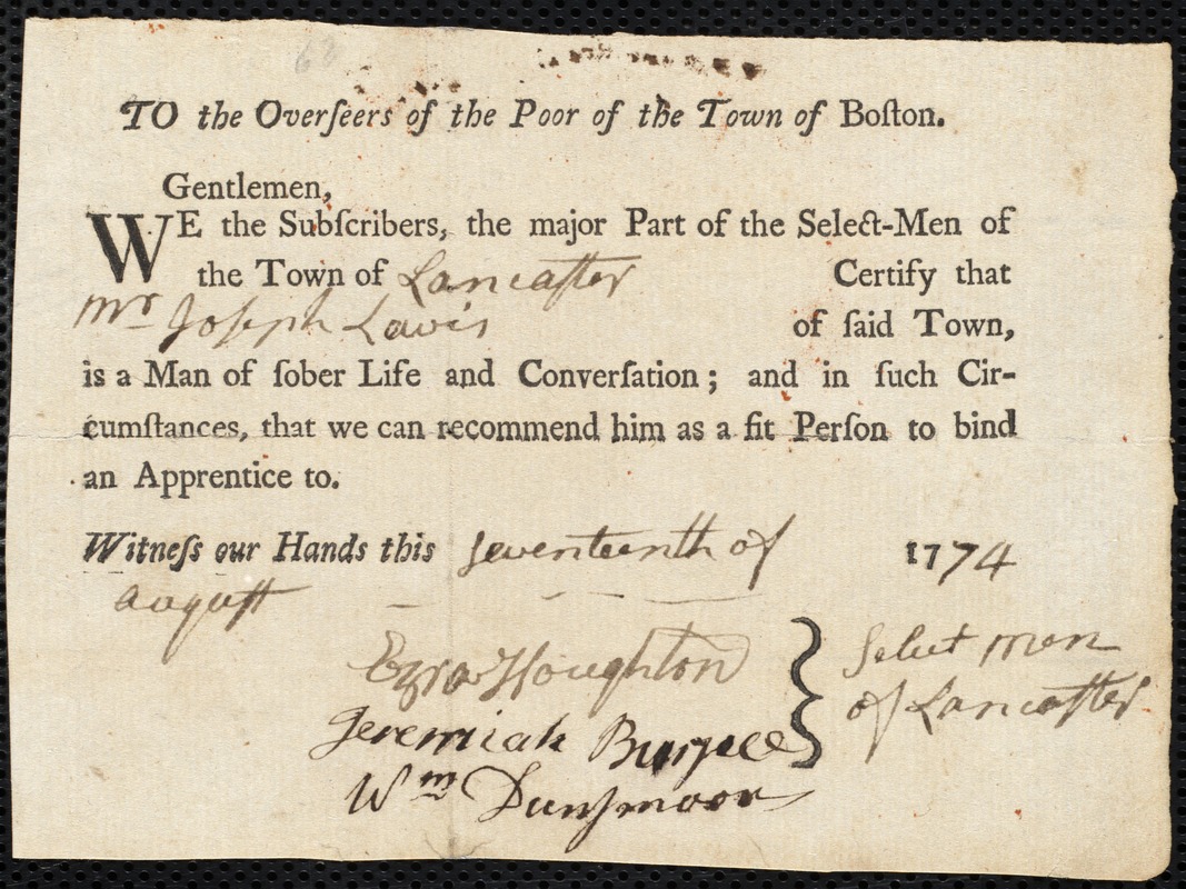 Samuel Greenough indentured to apprentice with Joseph Lewis of Lancaster, 19 August 1774