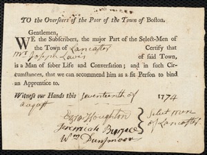 Samuel Greenough indentured to apprentice with Joseph Lewis of Lancaster, 19 August 1774