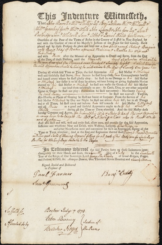 Robert Burgain indentured to apprentice with Benjamin Eddy of Boston, 7 July 1774