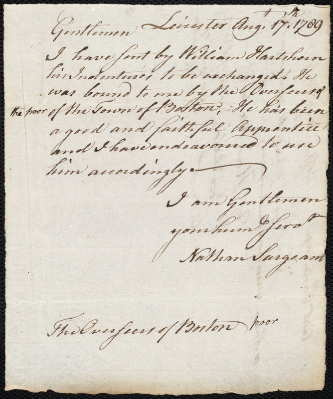 William Hartshorn indentured to apprentice with Nathan Sargeant of Leicester, 23 February 1774