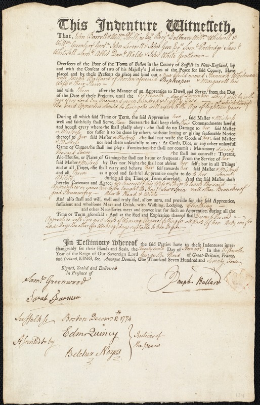 Hannah Whitman indentured to apprentice with Joseph Ballard of Boston, 26 November 1774