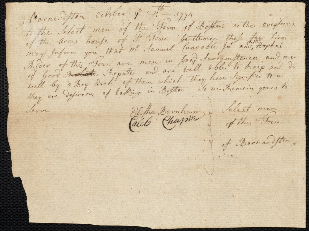 Philip Condon indentured to apprentice with Samuel Cunnable, Jr. of Bernardston, 27 October 1774