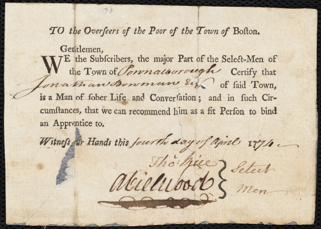 Jeremiah Powell indentured to apprentice with Jonathan Bowman of Pownalborough, 5 March 1774