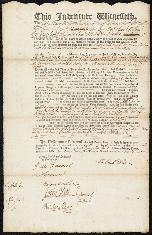William Akley indentured to apprentice with Shubael Downes of Boston, 6 October 1774