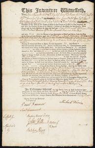 Document of indenture: Servant: Akley, William. Master: Downes, Shubael. Town of Master: Boston