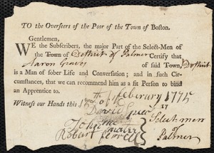 John Cleverly indentured to apprentice with Aaron Graves of Palmer, 1 March 1775