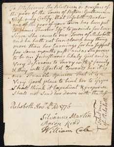 Elizabeth Barber indentured to apprentice with James Thurber of Rehoboth, 9 December 1776
