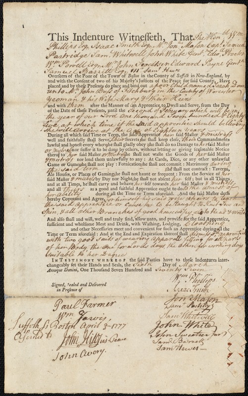 Sarah Downes [Downs] indentured to apprentice with John Buss of Fitchburg, 6 March 1777