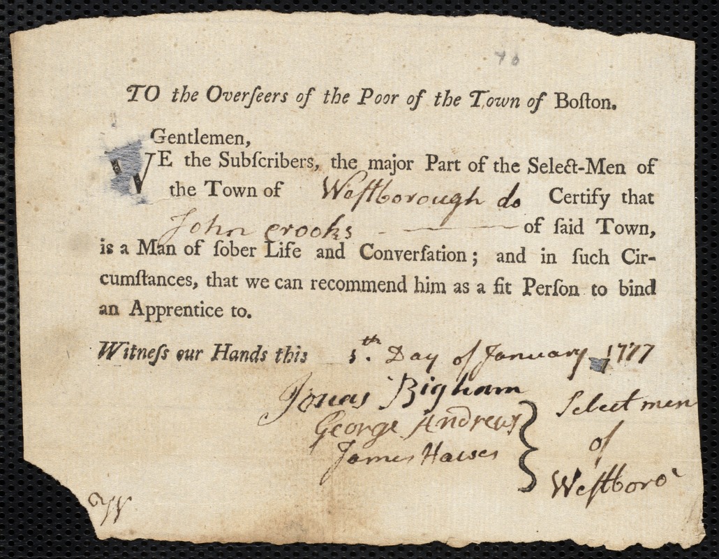 Thomas Flowers indentured to apprentice with John Crooks of Westborough, 2 January 1777