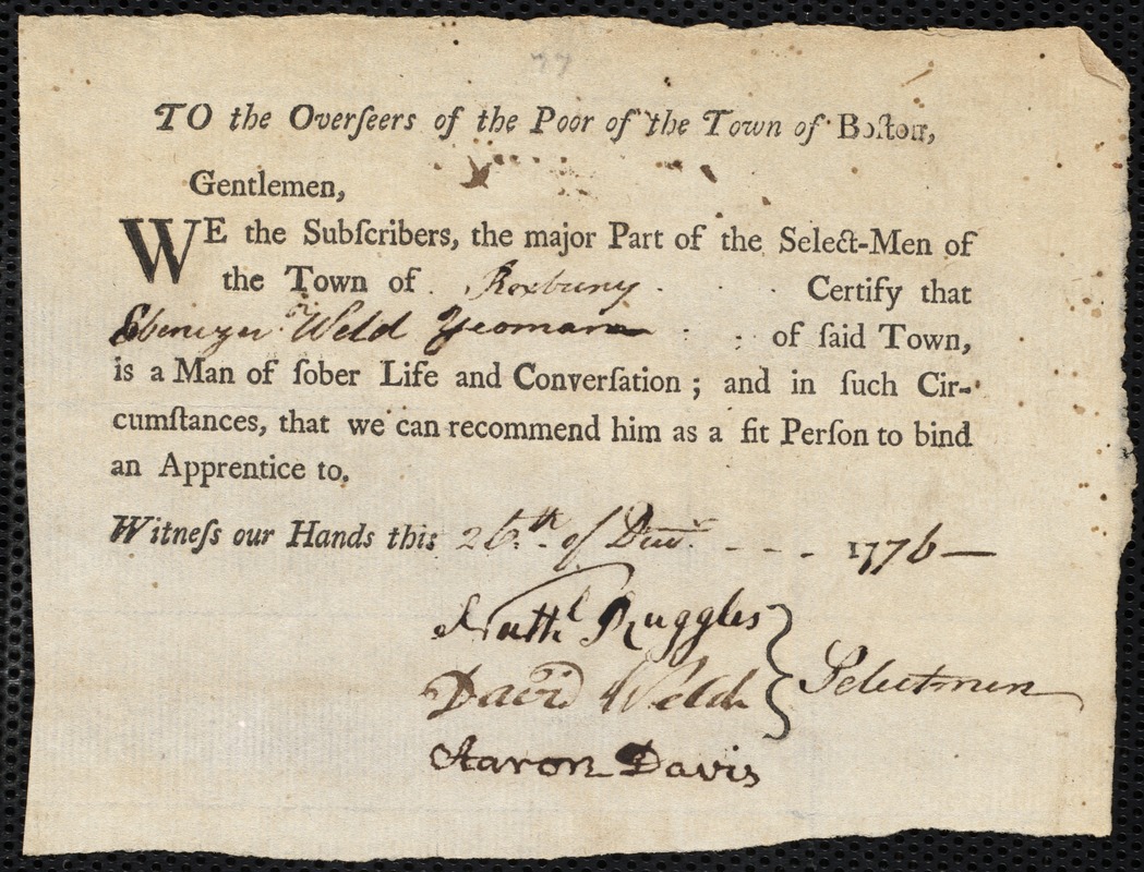 John Trevaty indentured to apprentice with Ebenezer Weld of Roxbury, 1 January 1777