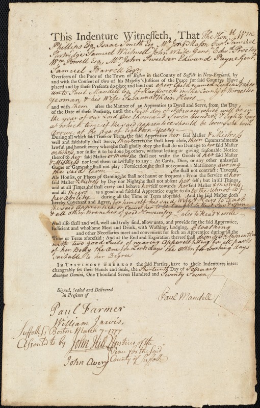 Lydia Baker indentured to apprentice with Paul Mandell of Hardwick, 13 February 1777