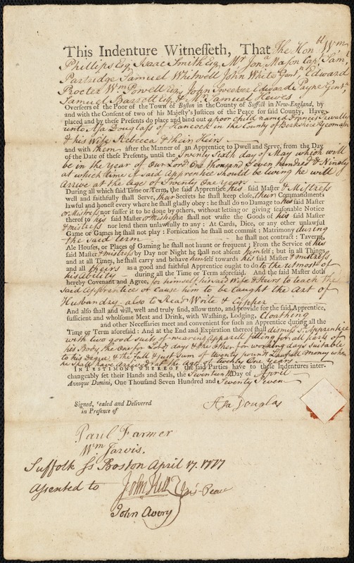Francis Trevally indentured to apprentice with Asa Douglass of Hancock, 17 April 1777