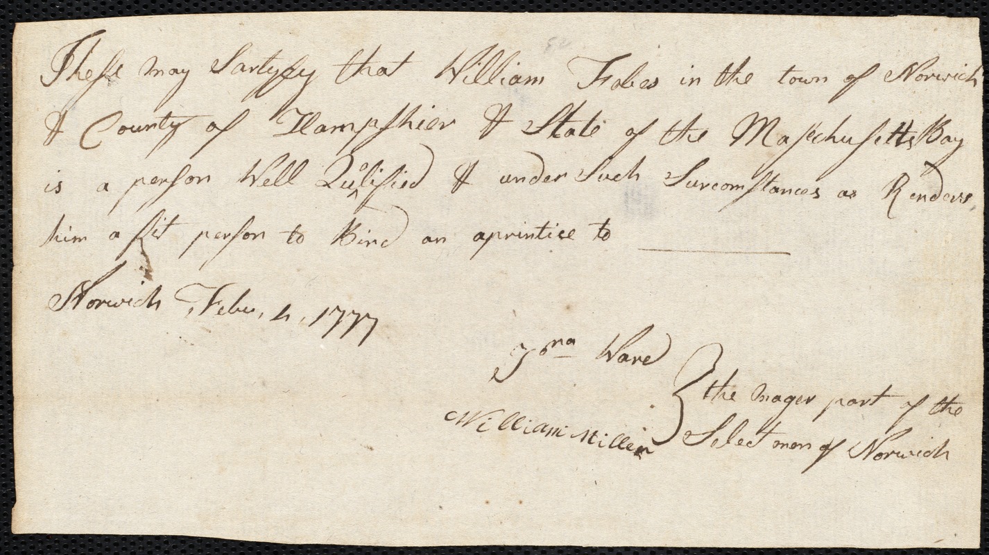 John Edwards indentured to apprentice with William Fobes of Norwich, 18 March 1777
