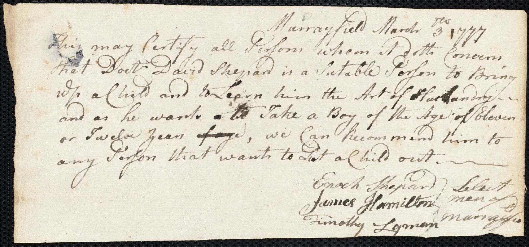 Joseph Glossip indentured to apprentice with David Sheppard of Murrayfield, 18 March 1777