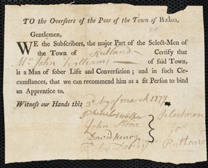 Richard Goodwin indentured to apprentice with John Williams of Rutland, 19 February 1777
