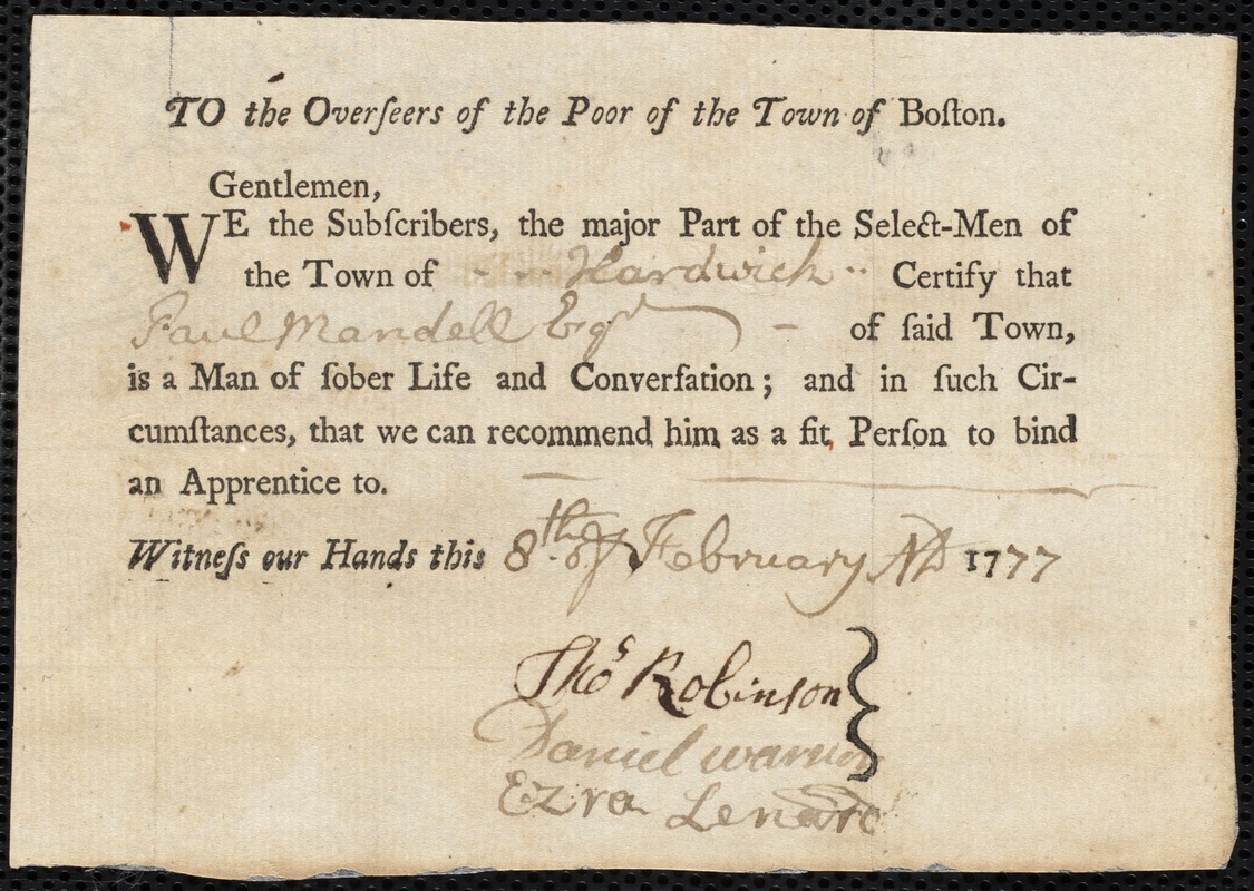 Abraham Remick indentured to apprentice with Paul Mandell of Hardwick, 13 February 1777