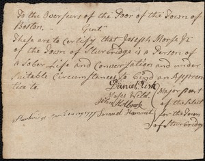 Joseph Pope indentured to apprentice with Joseph Morse, Jr. of Sturbridge, 18 April 1777