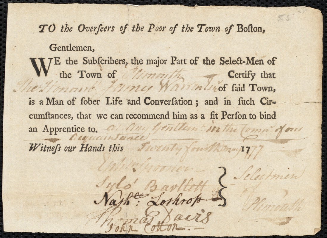 Jacob Tuckerman indentured to apprentice with James Warren of Plymouth, 14 June 1777