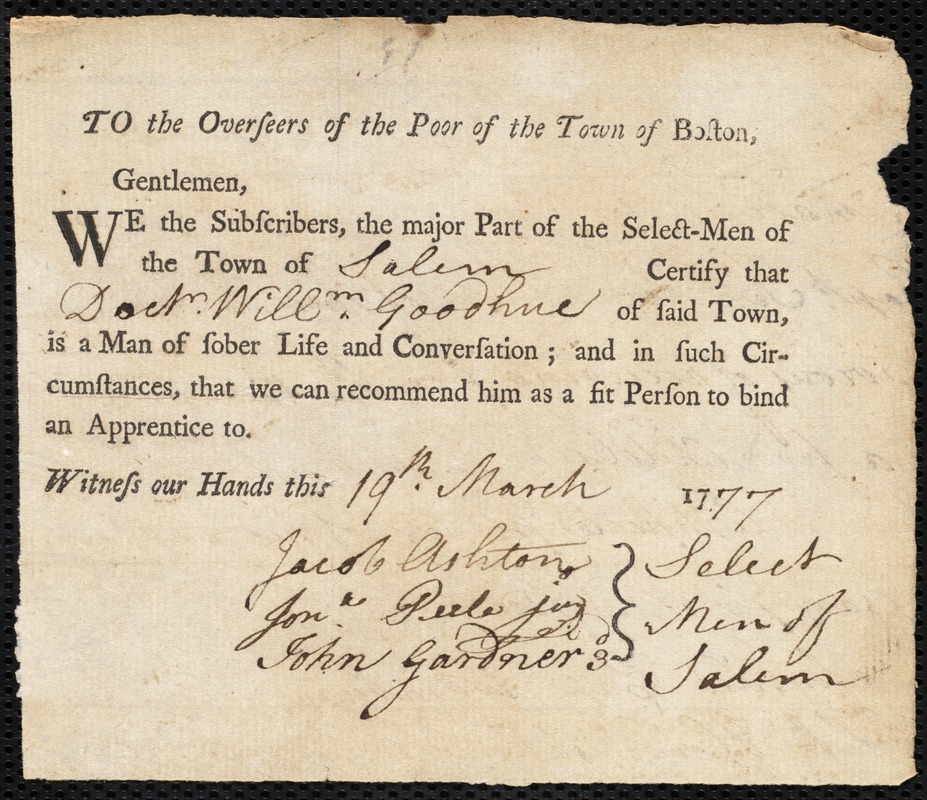Benjamin Scott indentured to apprentice with William Goodhue, Jr. of Salem, 22 March 1777