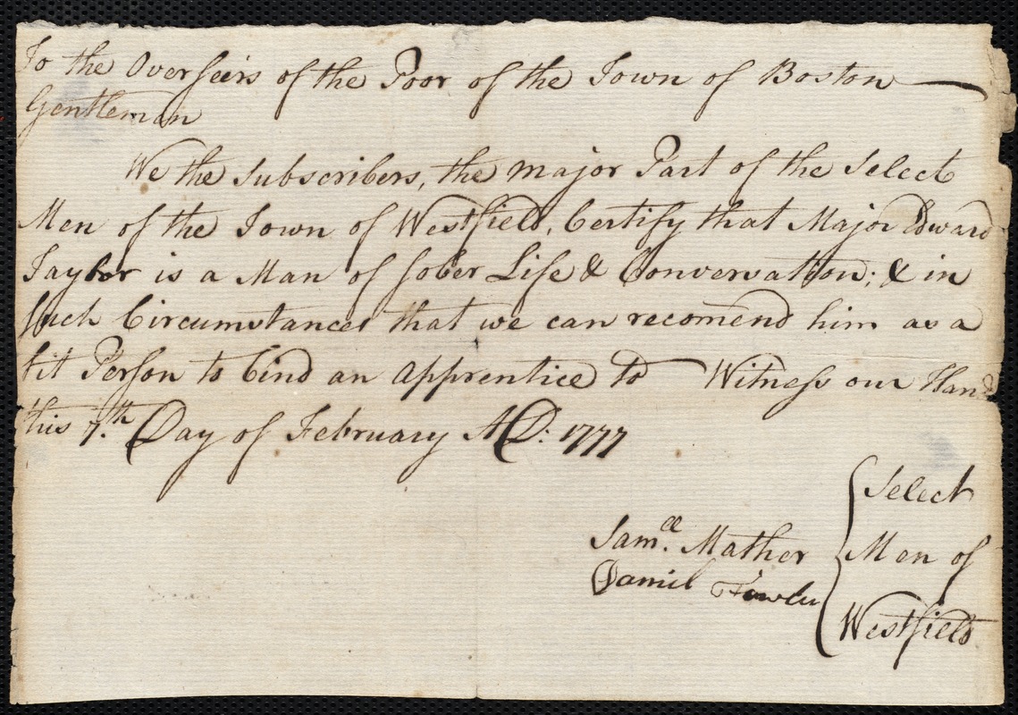 Samuel Pitts indentured to apprentice with Edward Taylor of Westfield, 18 March 1777