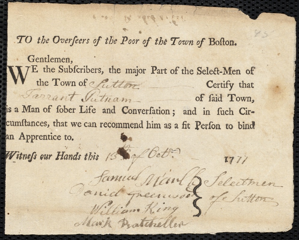 John Taylor indentured to apprentice with Tarrant Putnam of Sutton, 3 October 1777