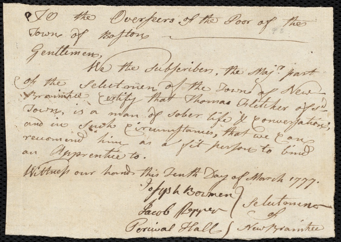 Mary Jones indentured to apprentice with Thomas Fletcher of New Braintree, 8 April 1777