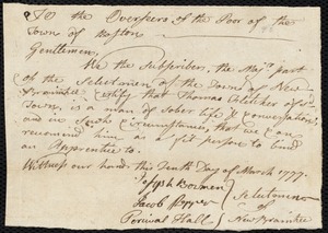 Mary Jones indentured to apprentice with Thomas Fletcher of New Braintree, 8 April 1777